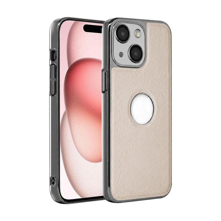 For iPhone 15 Cowhide Texture Electroplated Frame PC + Vegan Leather Phone Case(White)