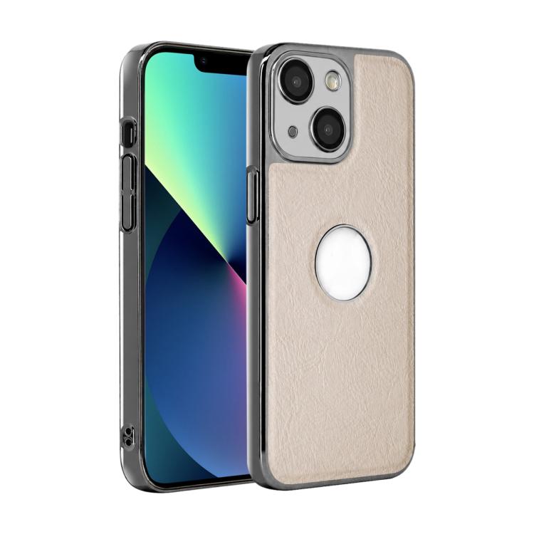 

For iPhone 13 Cowhide Texture Electroplated Frame PC + Vegan Leather Phone Case(White)