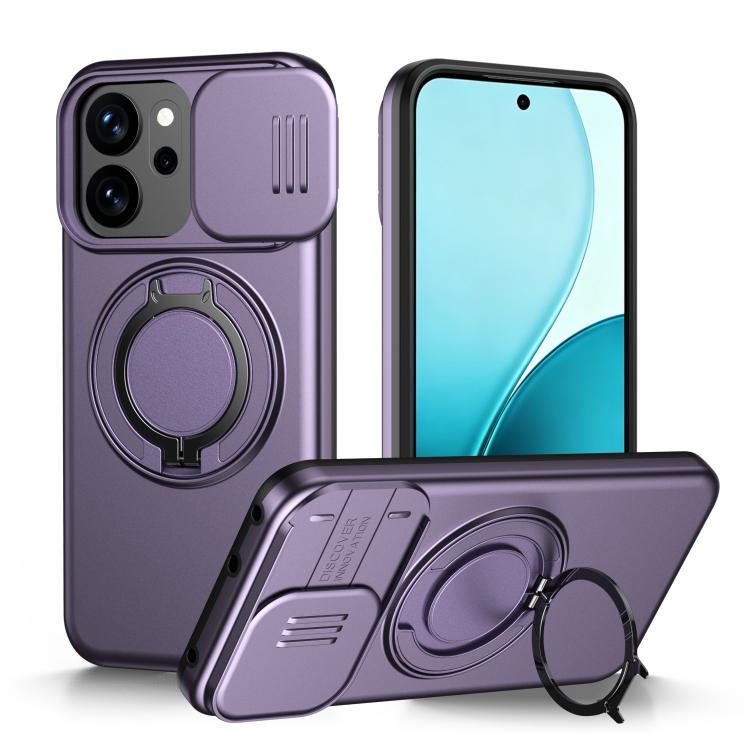 For OPPO Reno14 F 5G Camera Sliding Shield Magnetic Rotation Holder Phone Case(Purple)