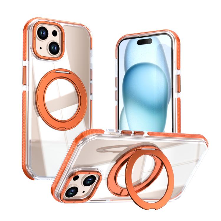 For iPhone 14 / 13 Dual Color Clear 360 Degree Rotation Holder Magnetic Phone Case(Orange)