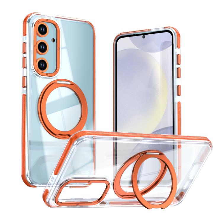 For Galaxy S24 FE 5G Dual Color Clear 360 Degree Rotation Holder Magnetic Phone Case(Orange)