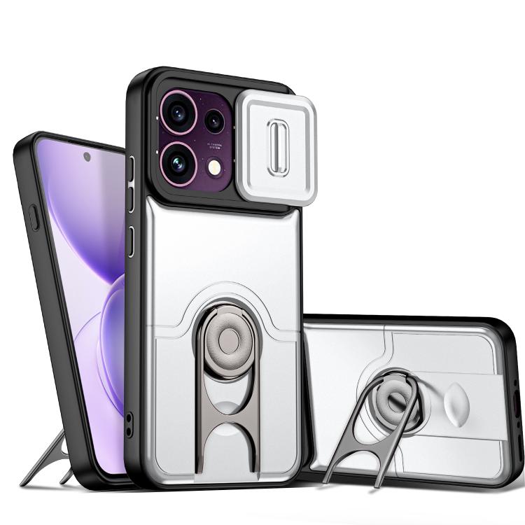 For OPPO Reno16 F 5G Global Sliding Camera Cover 2 in 1 Rotating Holder Air Bag Shockproof Phone Case(Silvery)