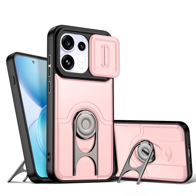 For OPPO Reno16 5G Global Sliding Camera Cover 2 in 1 Rotating Holder Air Bag Shockproof Phone Case(Pink)