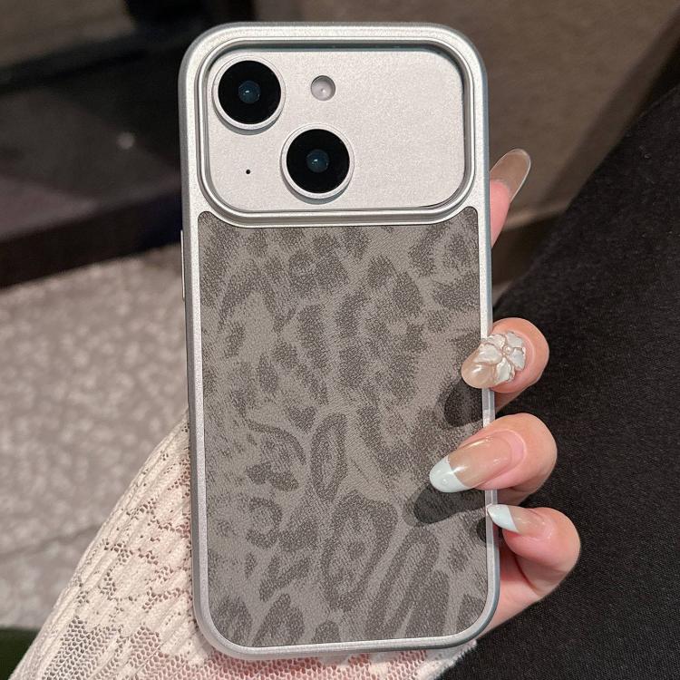 For iPhone 14 Leopard Print Electroplated Large Window Phone Case(Dark Grey)