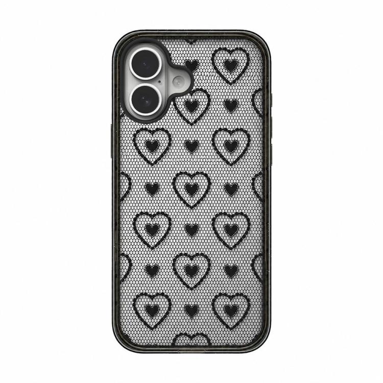 For iPhone 17 Lace Bow Printed Acrylic TPU Phone Case(Black Heart Fishing Net)
