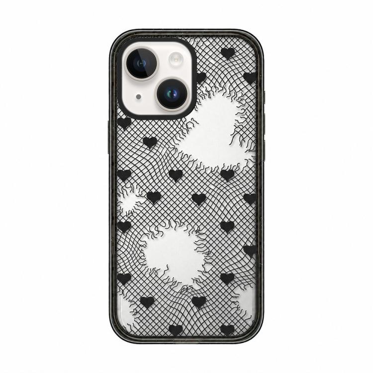 For iPhone 15 Plus Lace Bow Printed Acrylic TPU Phone Case(Window Blue Dog and Brown Dog)