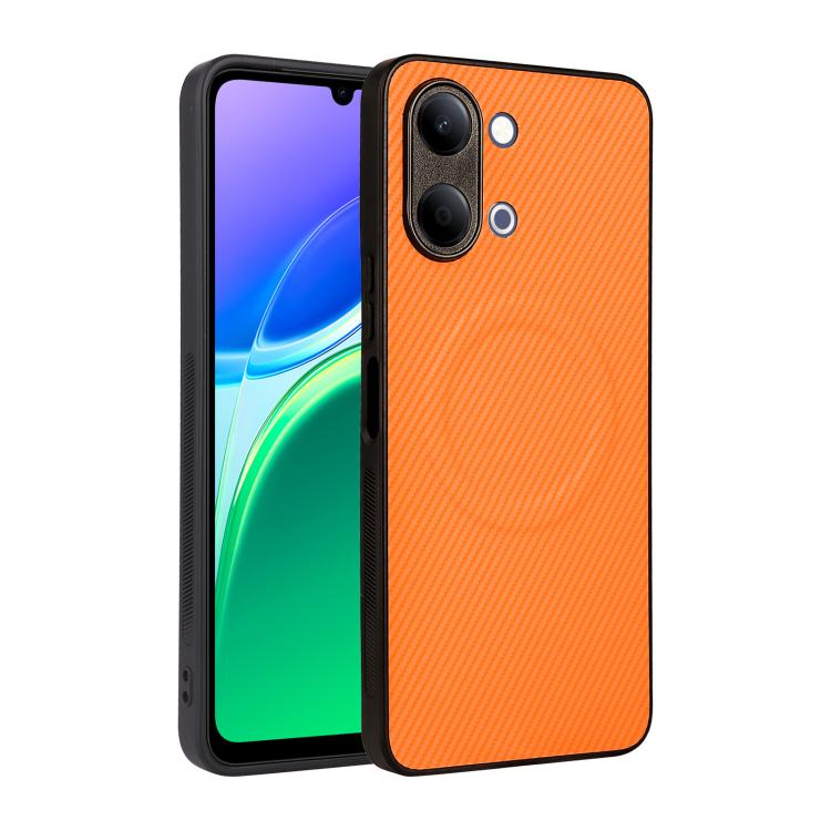 For vivo Y05 4G / Y21 5G 2026 Precise Cutout Carbon Fiber Texture Vegan Leather Phone Case(Orange)