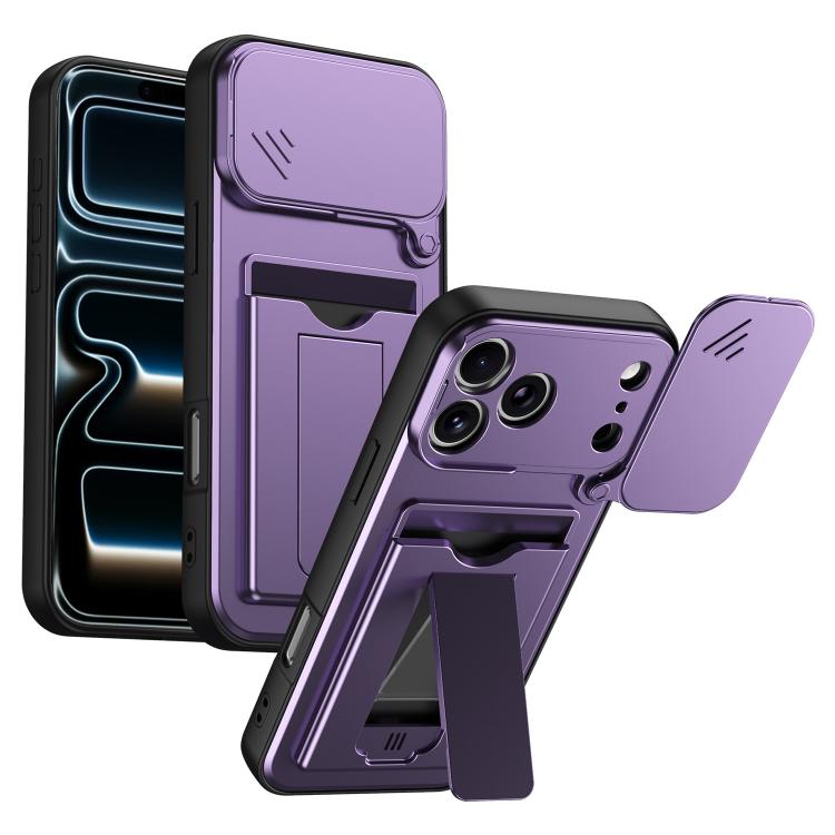 For iPhone 17 Pro Card Holder Series Sliding Lens Cover PC Hybrid TPU Phone Case(Purple)