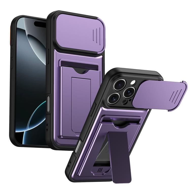 For iPhone 16 Pro Max Card Holder Series Sliding Lens Cover PC Hybrid TPU Phone Case(Purple)