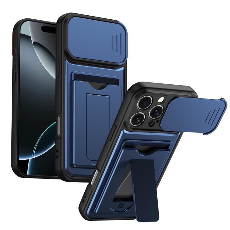 

For iPhone 16 Pro Card Holder Series Sliding Lens Cover PC Hybrid TPU Phone Case(Blue)
