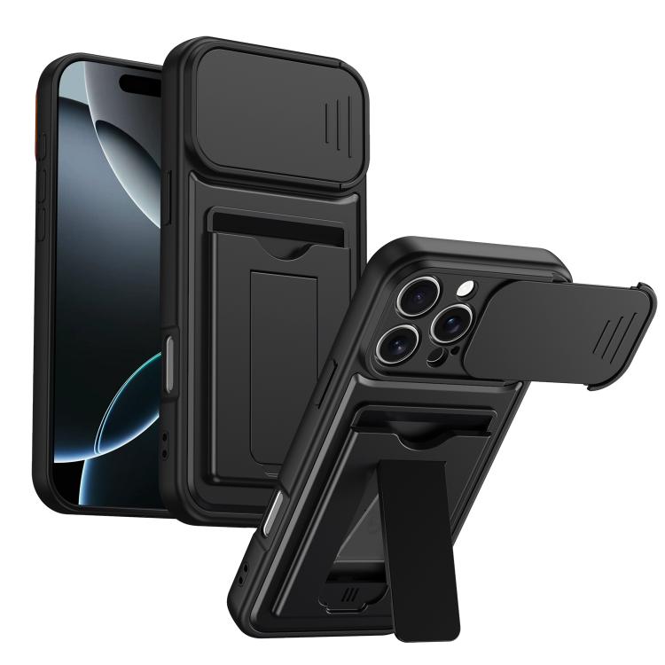 For iPhone 16 Pro Card Holder Series Sliding Lens Cover PC Hybrid TPU Phone Case(Black)