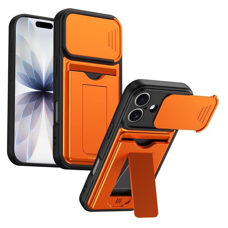 For iPhone 16 Card Holder Series Sliding Lens Cover PC Hybrid TPU Phone Case(Orange)