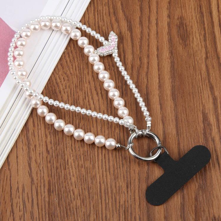 

Fishtail Double Layer Beaded Phone Charm Wrist Strap with Tether Pad for Women Girls(White Pink)