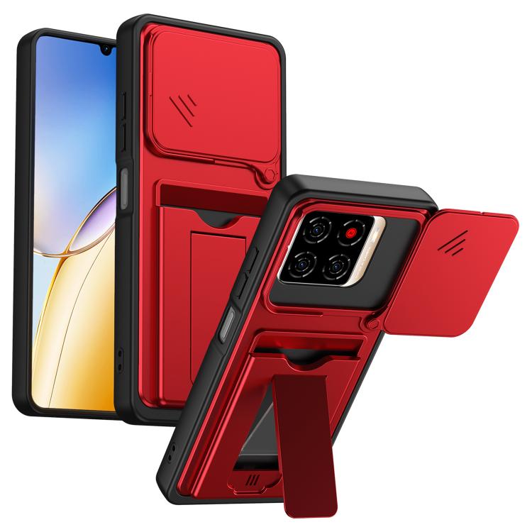 

For ZTE Blade A56 4G / Blade A56 Pro Card Holder Series Sliding Lens Cover PC Hybrid TPU Phone Case(Red)