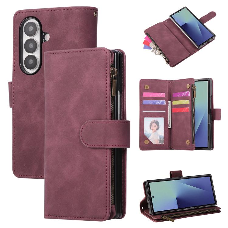 For Galaxy Z Fold8 Ultra 5G Multifunctional Frosted Zipper Wallet Leather Phone Case(Wine Red)