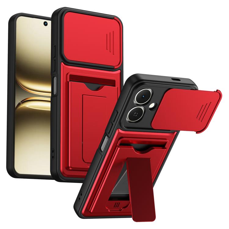 For Infinix Smart 20 4G Card Holder Series Sliding Lens Cover PC Hybrid TPU Phone Case(Red)