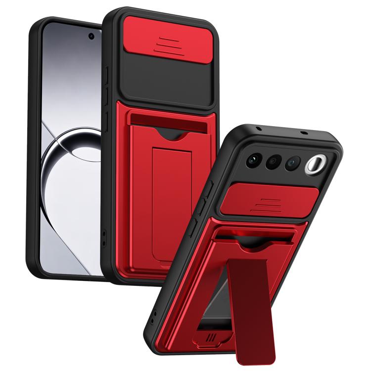 For Realme 16 5G Card Holder Series Sliding Lens Cover PC Hybrid TPU Phone Case(Red)