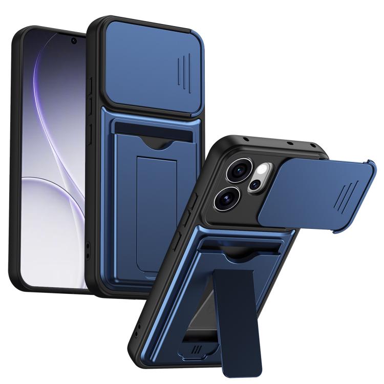 For OPPO Reno14 F 5G / Reno15 F 5G Card Holder Series Sliding Lens Cover PC Hybrid TPU Phone Case(Blue)