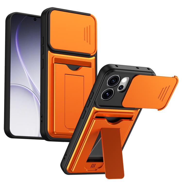 For OPPO Reno14 F 5G / Reno15 F 5G Card Holder Series Sliding Lens Cover PC Hybrid TPU Phone Case(Orange)