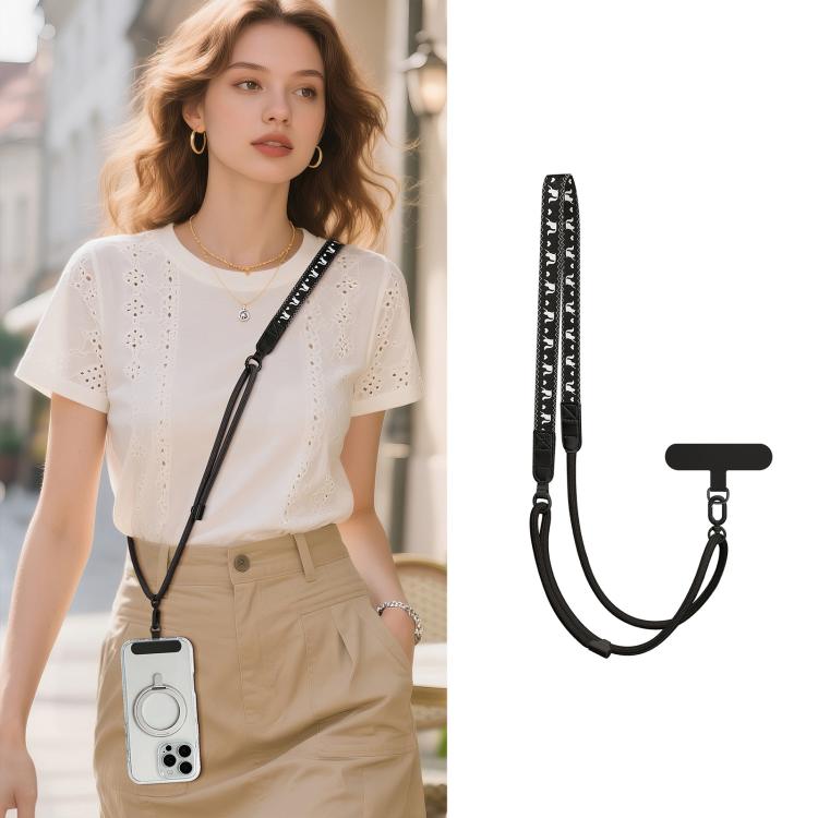 Adjustable Cartoon Print Hybrid Neck Strap Crossbody Phone Lanyard with Tether Pad for Unisex(White Black)