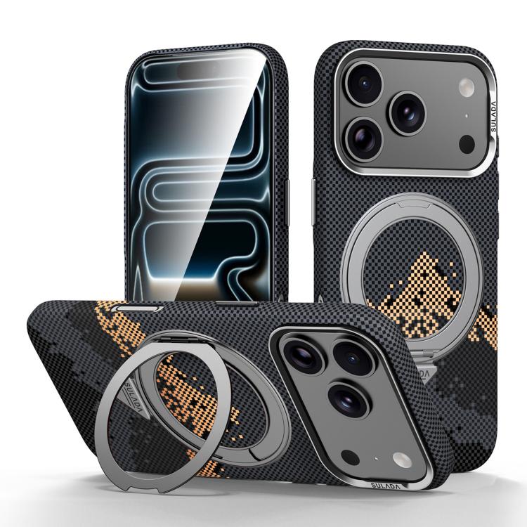 For iPhone 17 Pro Max SULADA Kevlar Pixel Grid Texture Rotation Magnetic Holder Phone Case(Black)