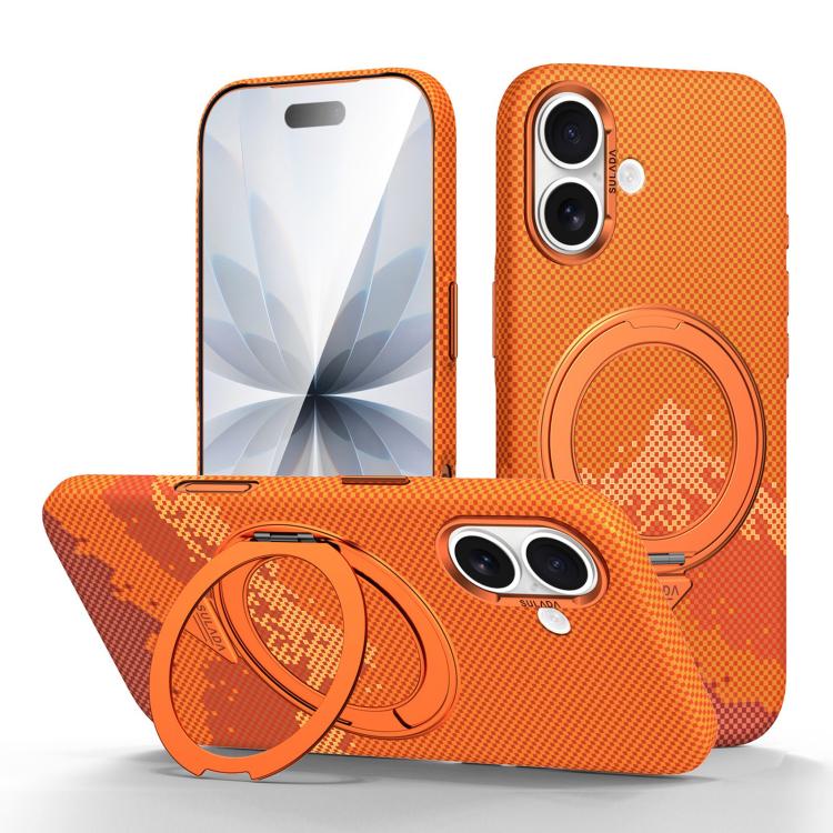 For iPhone 17 SULADA Kevlar Pixel Grid Texture Rotation Magnetic Holder Phone Case(Orange)