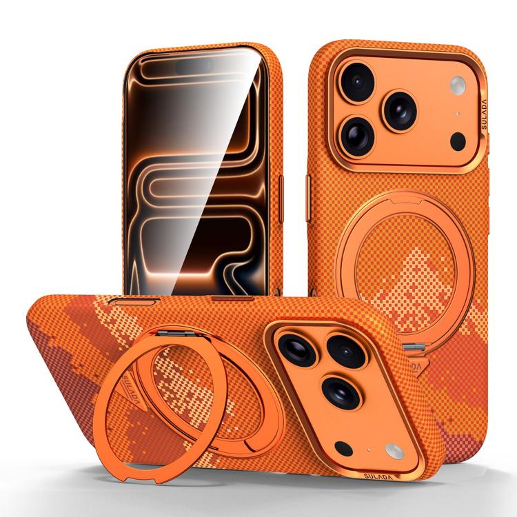 For iPhone 18 Pro SULADA Kevlar Pixel Grid Texture Rotation Magnetic Holder Phone Case(Orange)