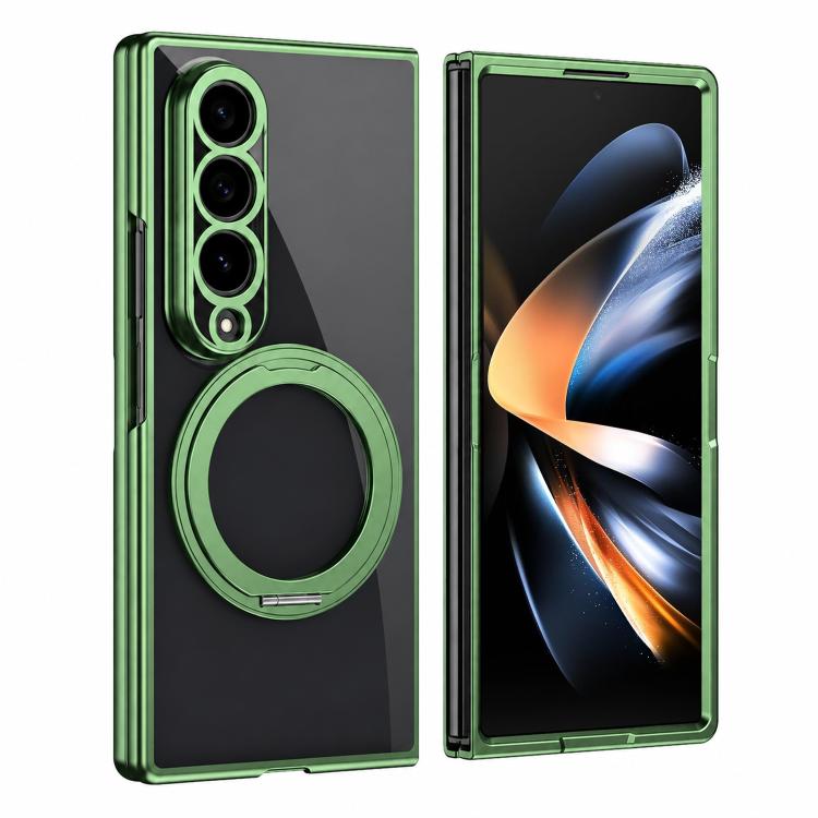 For Galaxy Z Fold4 Clear Plated Magnetic Ring Holder Integrated Film Phone Case(Green)