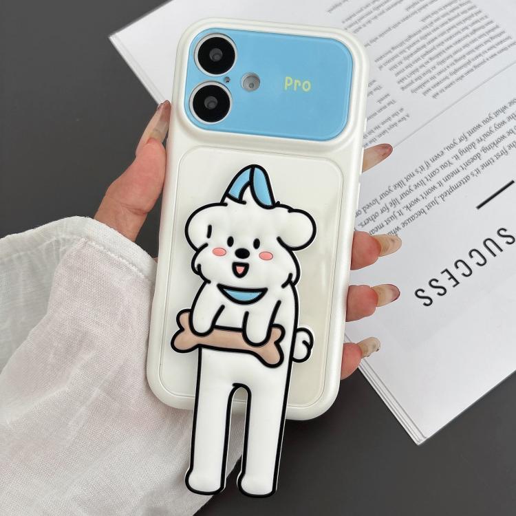 For iPhone 16 Color Block Animal Holder Phone Case(White)