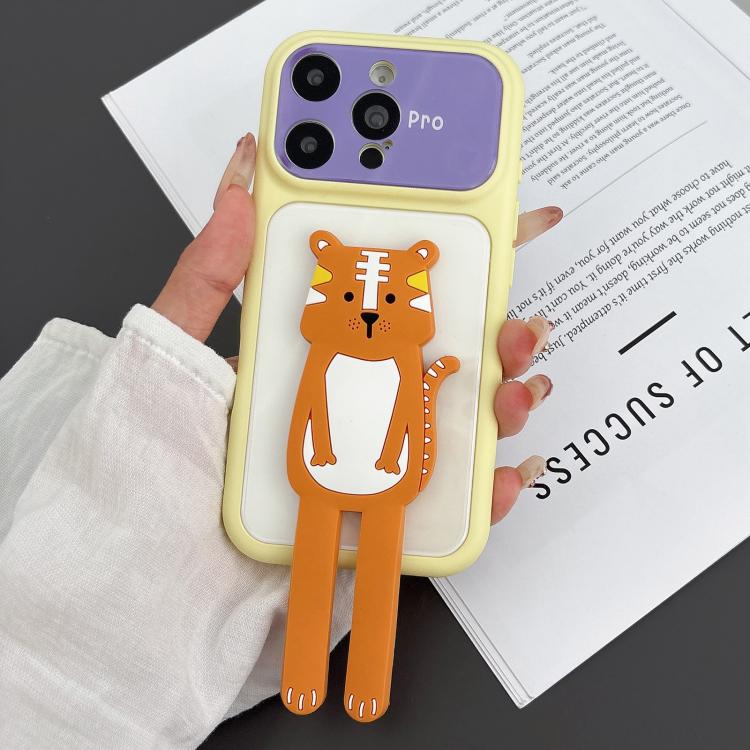 For iPhone 16 Pro Color Block Animal Holder Phone Case(White Yellow)