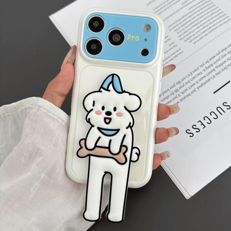 For iPhone 17 Pro Max Color Block Animal Holder Phone Case(White)