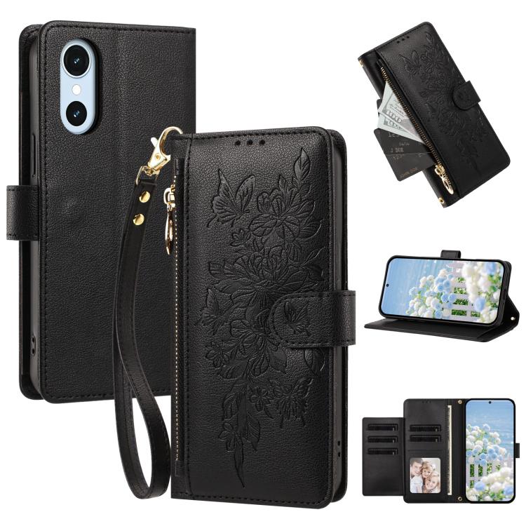 For Fujitsu Arrows We3 Butterfly Flower Zipper Wallet Vegan Leather Phone Case with Strap(Black)