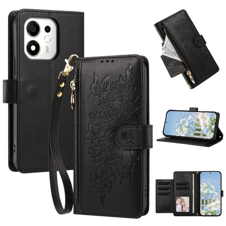 For Honor 600 Smart 5G Global Butterfly Flower Zipper Wallet Vegan Leather Phone Case with Strap(Black)