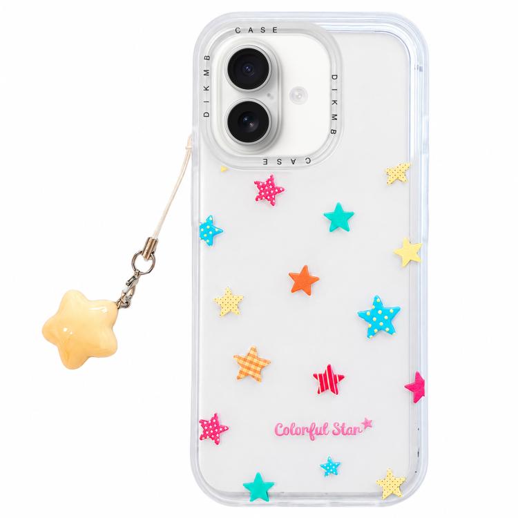 For iPhone 17 Skin Feel Frosted Cartoon Sticker Acrylic Phone Case with Pendant(Colorful Stars)