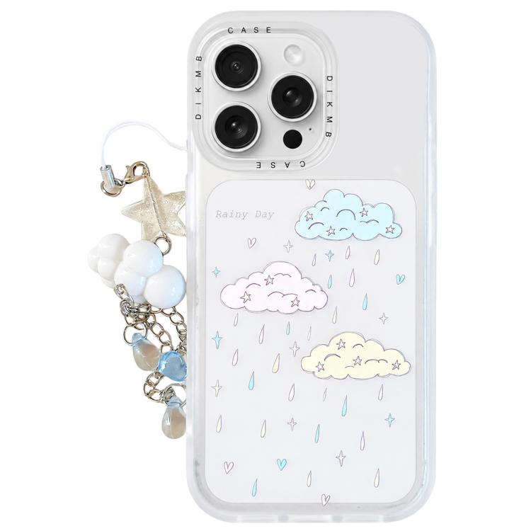 For iPhone 16 Pro Max Skin Feel Frosted Cartoon Sticker Acrylic Phone Case with Pendant(Rainy Clouds)