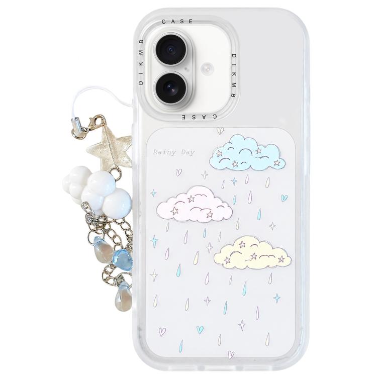 For iPhone 16 Skin Feel Frosted Cartoon Sticker Acrylic Phone Case with Pendant(Rainy Clouds)