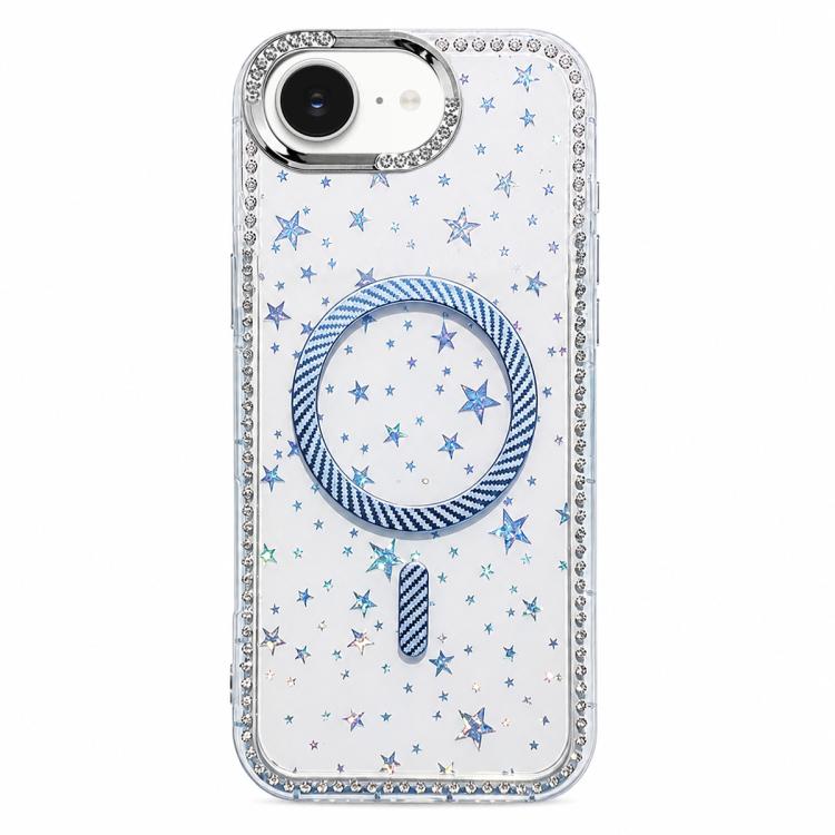 

For iPhone 17e / 16e Star Pattern Rhinestone Carbon Fiber Magnetic Ring Phone Case(Blue)