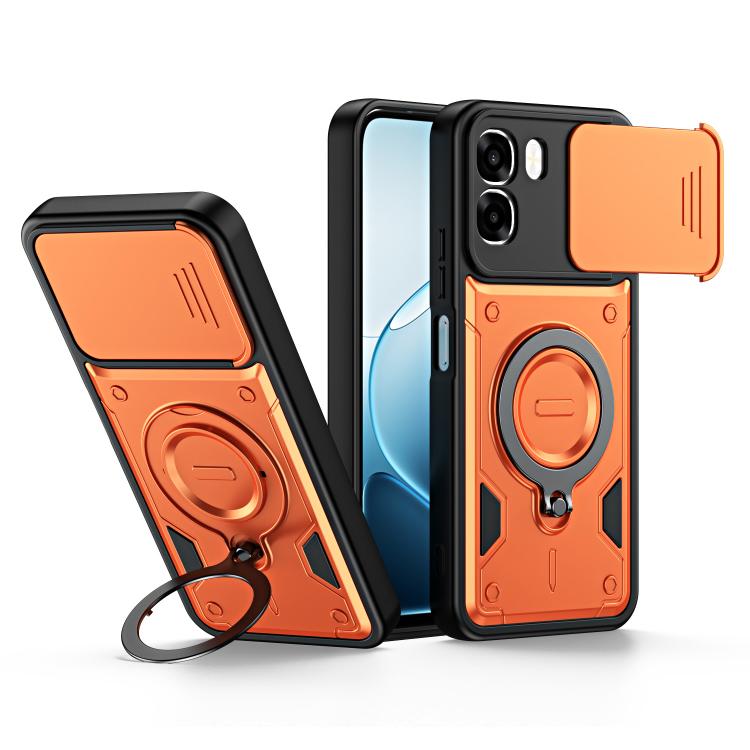 For OPPO A6 / A6x Global Ring Holder Lens Slide Cover Phone Case(Orange)
