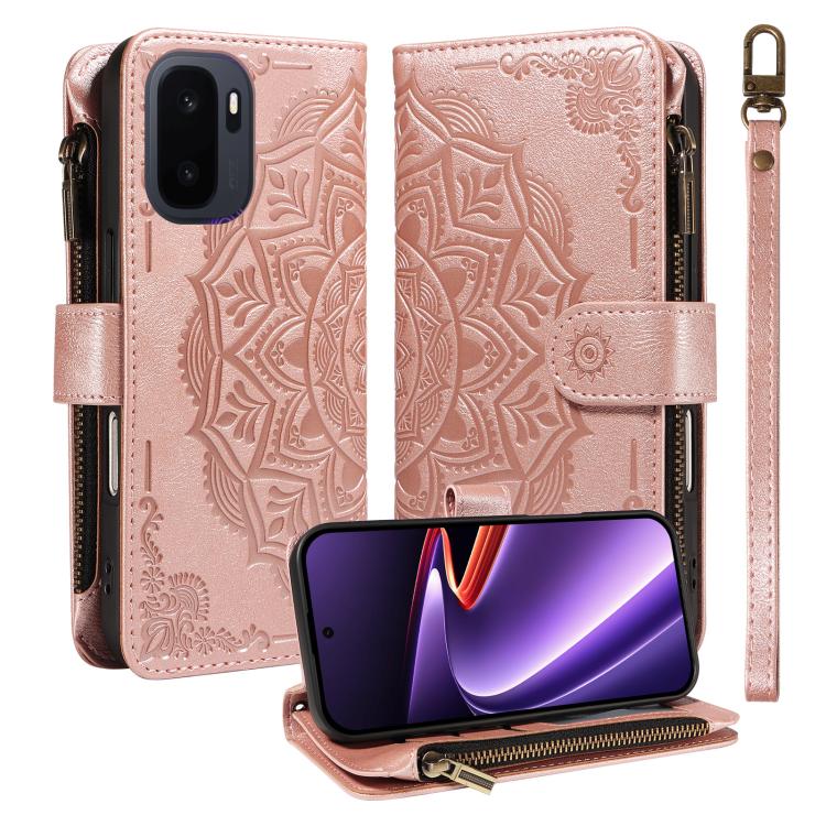 

For OnePlus Ace 6 Ultra Mandala Embossed 9-Card Zipper RFID Vegan Leather Phone Case with Short Lanyard(Rose Gold)