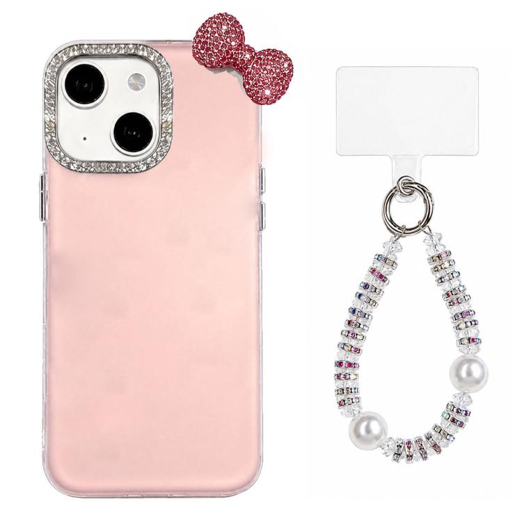 For iPhone 14 Pro Cute Bowknot Dopamine Color Skin-Friendly IMD Phone Case with Beaded Wrist Strap(Pink)