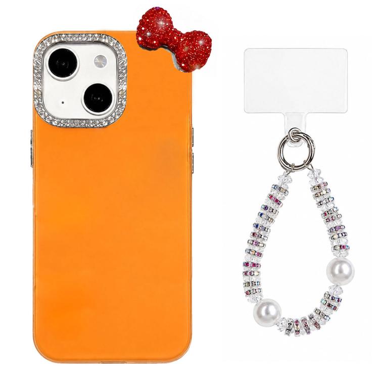 For iPhone 13 Pro Cute Bowknot Dopamine Color Skin-Friendly IMD Phone Case with Beaded Wrist Strap(Orange)