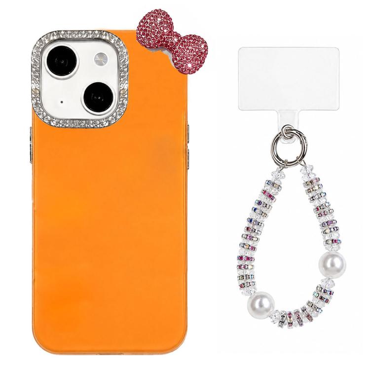 For iPhone 13 Cute Bowknot Dopamine Color Skin-Friendly IMD Phone Case with Beaded Wrist Strap(Orange)