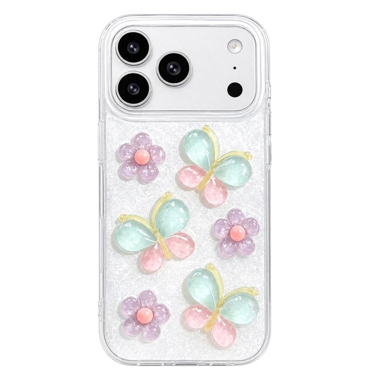 For iPhone 17 Pro Max Glazed Flowers Butterflies Epoxy Resin PC Phone Case(White)
