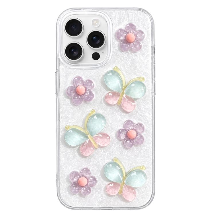 For iPhone 16 Pro Glazed Flowers Butterflies Epoxy Resin PC Phone Case(White)