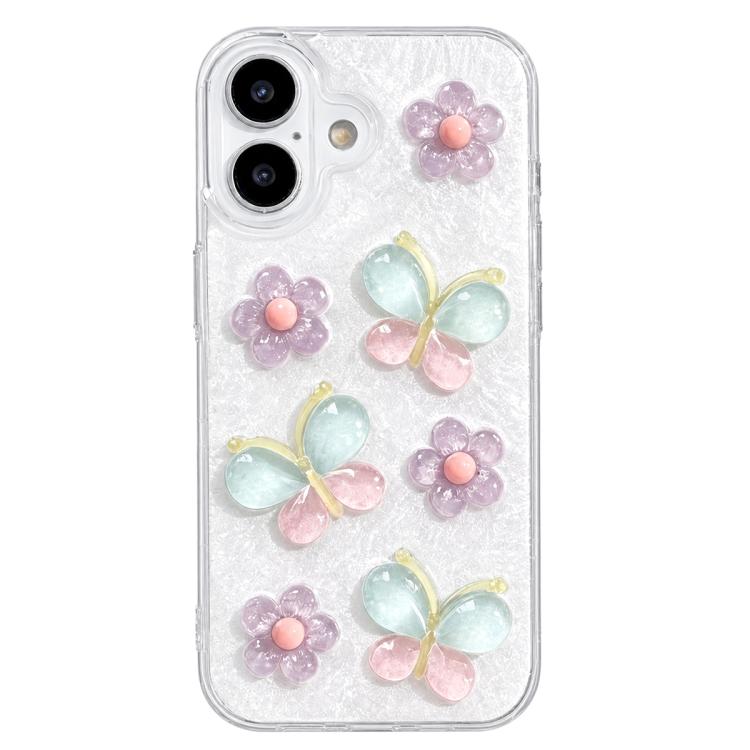 For iPhone 16 Plus Glazed Flowers Butterflies Epoxy Resin PC Phone Case(White)