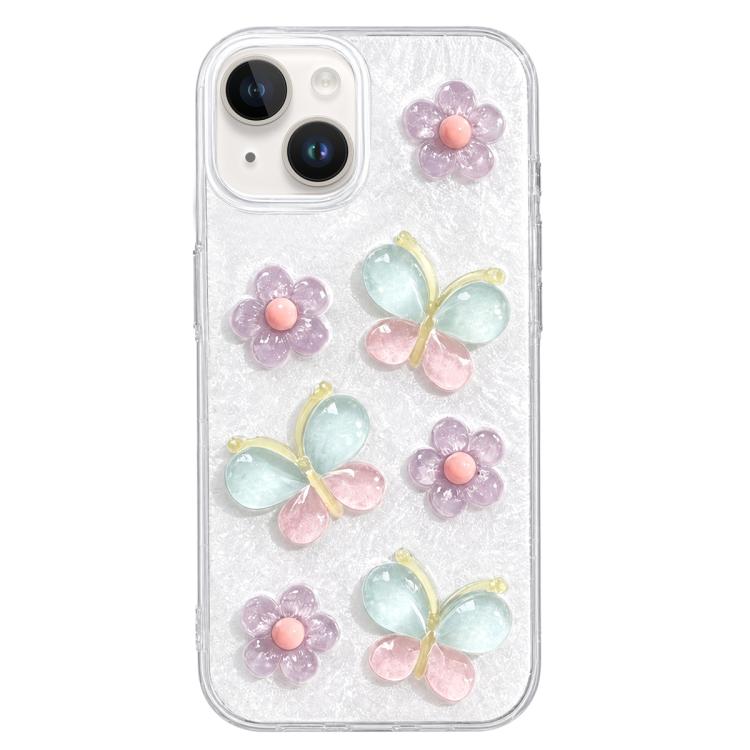For iPhone 14 Plus Glazed Flowers Butterflies Epoxy Resin PC Phone Case(White)