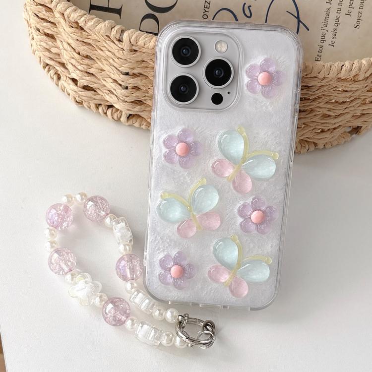 For iPhone 14 Pro Max Glazed Flowers Butterflies Resin PC Phone Case with Bracelet Chain(White)