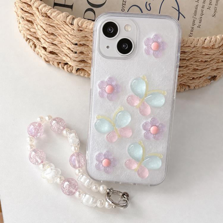 For iPhone 14 Plus Glazed Flowers Butterflies Resin PC Phone Case with Bracelet Chain(White)