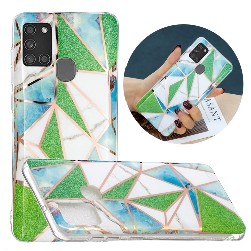 

For Samsung Galaxy A21s Flat Plating Splicing Gilding Protective Case(Green Triangle Body Color Matching)