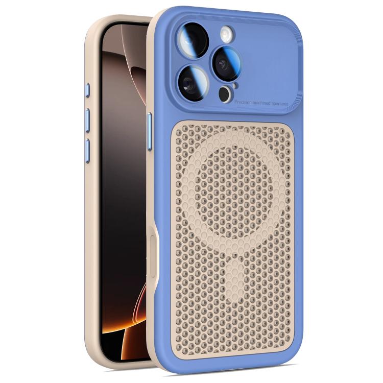 For iPhone 16 Pro Max Armor Shield Mesh Cooling Magnetic Phone Case with Lens Film(Blue)